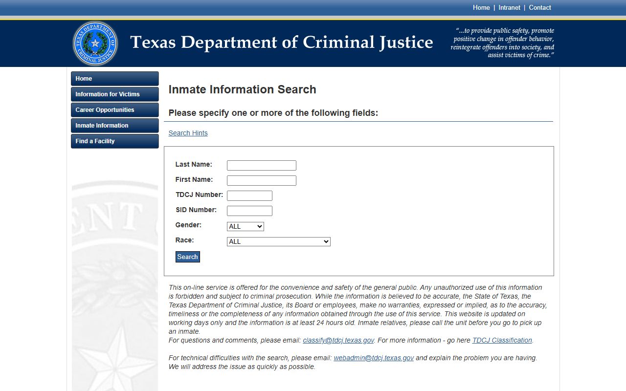 Dimmit County inmate population TDCJ inmate search form